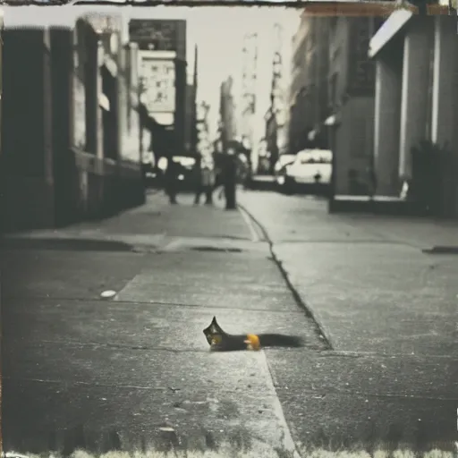 Prompt: wide-shot low-angle cat's eyesight photo of stray cat and a banana peel at the street in New York, polaroid photo, by Andy Warhol, signed