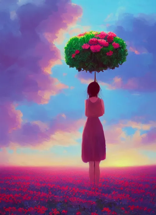 Image similar to woman with a giant carnation head, flower field, surreal photography, sunset dramatic light, impressionist painting, colorful clouds, blue sky, digital painting, artstation, simon stalenhag