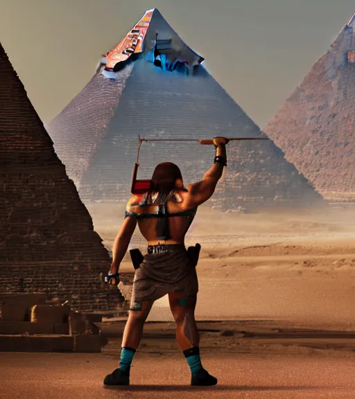 Image similar to a beefy man with a machine gun, egyptian pyramid in the background, 4 k, sharp focus, illustration, highly detailed, cinematic, photorealistic, cyberpunk