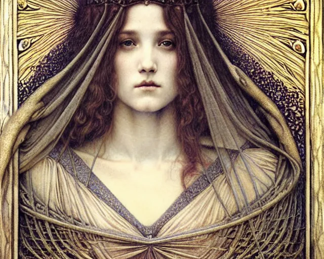 Image similar to detailed realistic beautiful young medieval queen face portrait by jean delville, gustave dore and marco mazzoni, art nouveau, symbolist, visionary, gothic, pre - raphaelite. horizontal symmetry