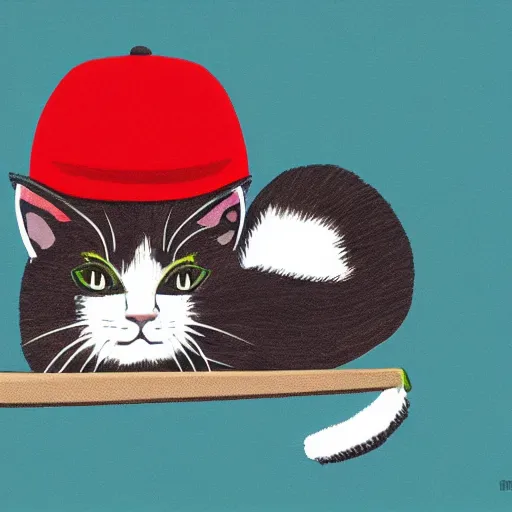 Prompt: cat sat on a mat wearing a hat and holding a bat, digital art, smooth, sharp focus