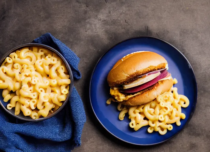 Image similar to dslr food photograph of hamburger over a bed of macaroni and cheese, thanos themed 8 5 mm f 1. 8