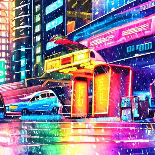 Image similar to futuristic Sci-fi cyberpunk neo-Tokyo at night in the rain. Neon lights and signs. Flying cars. Watercolour