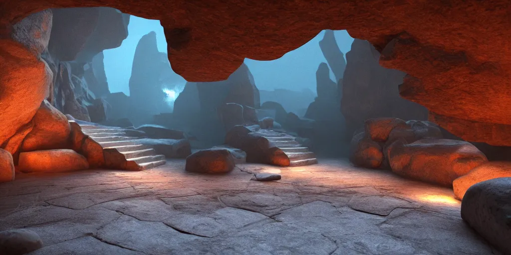 Image similar to crooked stairway made of stone inside a gloomy cave with atmospheric lighting, smoke, photorealistic rendering, blue and orange lights in the distance, octane, redshift, unreal engine