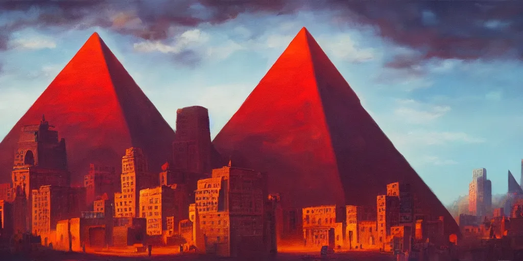 Prompt: an oil painting of a city with one pyramid in the center and walls that surround the city and a dark red sun, fantasy,hyper realistic, atmospheric lighting, cinematic, 8k,