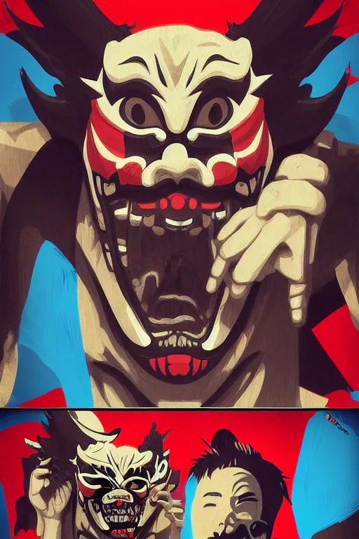 Prompt: guy wearing oni mask and bring skateboard. pop art, no duplicate image, without duplicating image, ultra details, digital painting, artstation, concept art, smooth, sharp focus, illustration, intricate details, art by richard hamilton and mimmo rottela, pixels art by kirokaze and paul robertson