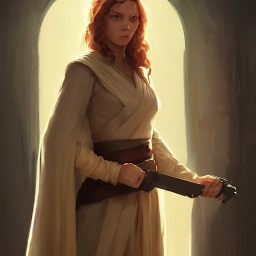 Image similar to portrait of a woman by greg rutkowski, jedi princess knight, curly redhead, jedi robes, star wars expanded universe, she is about 2 0 years old, elegant, graceful, wearing jedi robes, highly detailed portrait, digital painting, artstation, concept art, smooth, sharp foccus ilustration, artstation hq