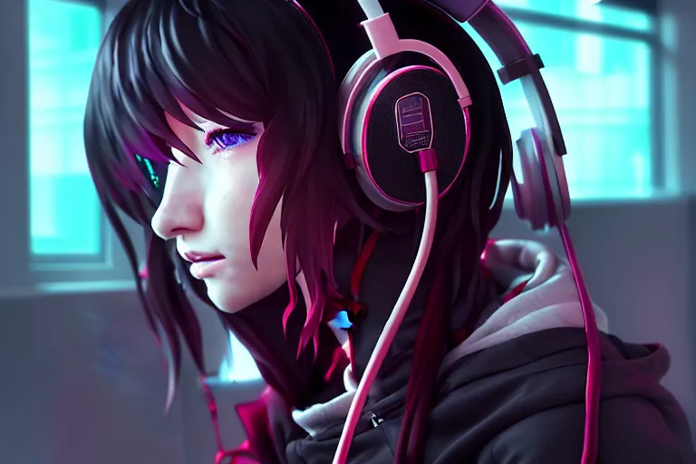 Prompt: a girl with headphones is looking at a rainy window in the style of a code vein character creation, cyberpunk art by Yuumei, cg society contest winner, rayonism light effects and bokeh, daz3d, vaporwave, deviantart hd