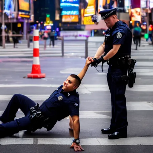 Image similar to 2 police officers handcuffing each other, smiling, time square, 4 k, photography