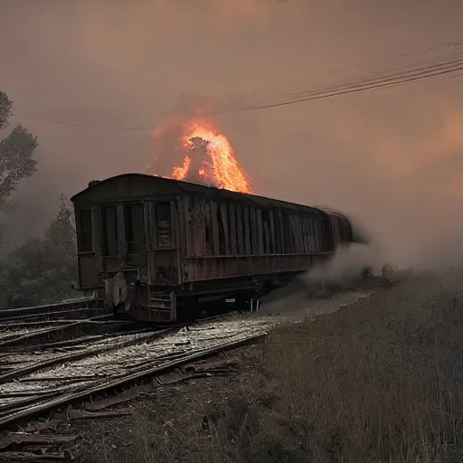 Image similar to trainwreck, boxcar on fire, atmospheric smoke and fog, post-apocalyptic, Cinematic, high detail