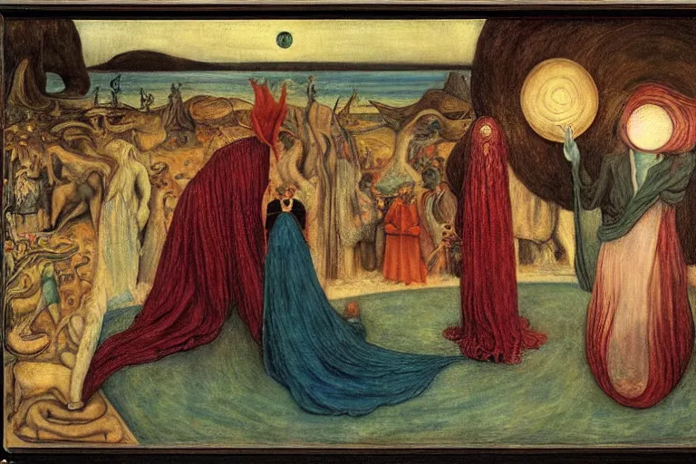 Image similar to the wake of the unseen object,by Leonora Carrington and William Dyce and ford madox brown, symbolist, dramatic lighting, elaborate geometric ornament, cool blue and green colors, Art Brut, smooth, sharp focus, extremely detailed