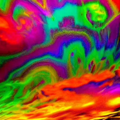 Image similar to Psychadelic landscape, extreme colors, vivid, DSLR, captivating