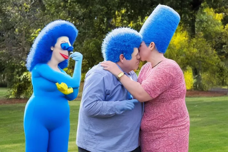 Image similar to a real life marge simpson kissing a real life homer simpson