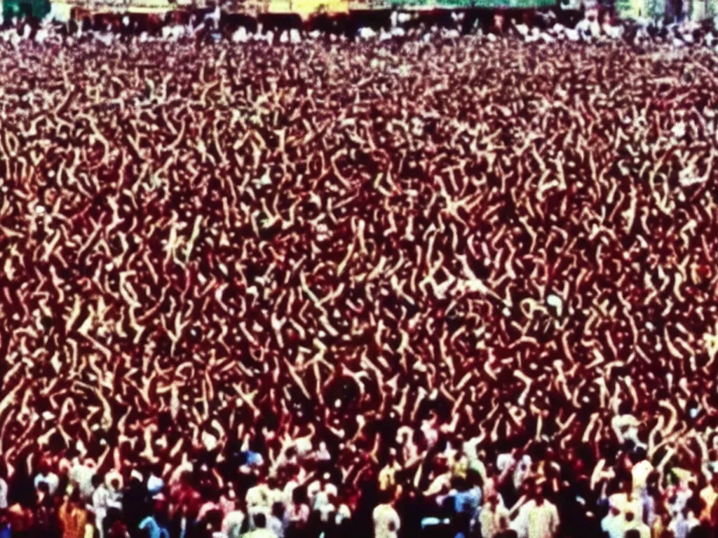 Image similar to vintage 90s VHS video still of crowd mourning Imam Hussein in the Middle East, realistic, TV, noise