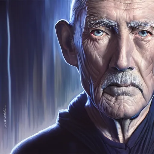 Prompt: star wars comic book style portrait painting of an old thin man with a sad smart face, and futuristic clothing, standing in front of a computer simulation, intelligent face, sci - fi, intricate, elegant, highly detailed, digital painting, artstation, concept art, matte, sharp focus, illustration, art by artgerm and greg rutkowski and jim burns