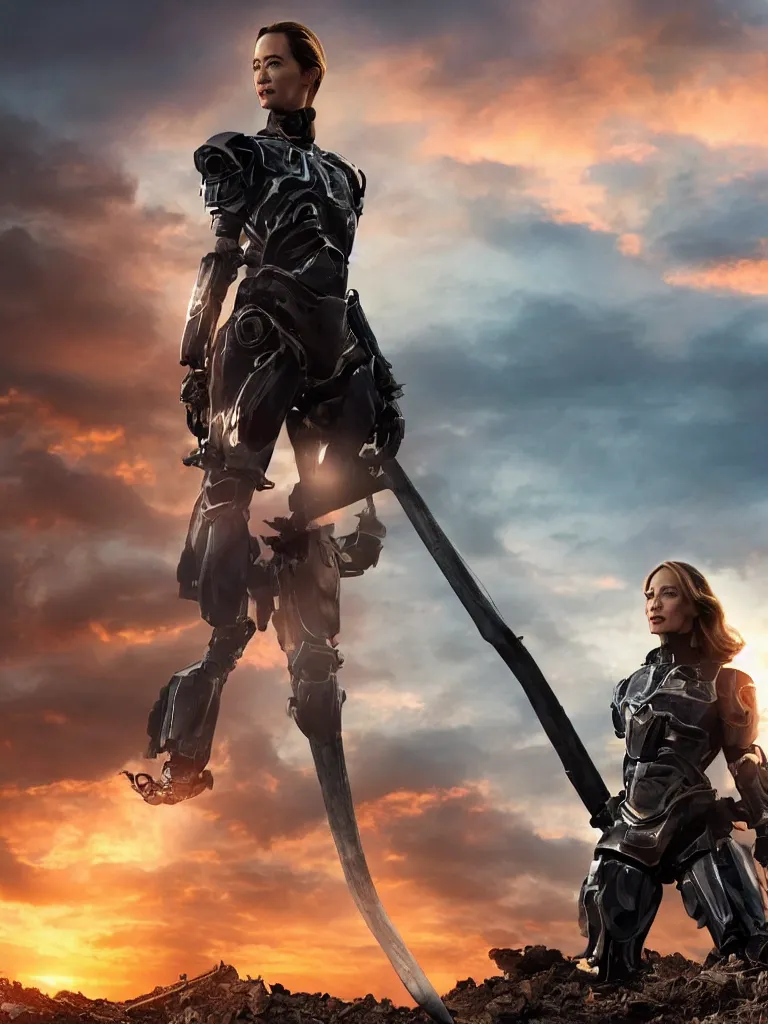 Image similar to emily blunt in futuristic power armor, by herself, holding a sword, standing atop a pile of rubble, sunset and big clouds behind her