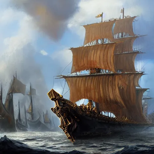 Prompt: a detailed and accurate masterpiece painting of a big black galleon with a black skull flag and golden decorations on the hull, sharp detail, by tyler edlin, noah bradley, john j. park, jordan grimmer trending on artstation