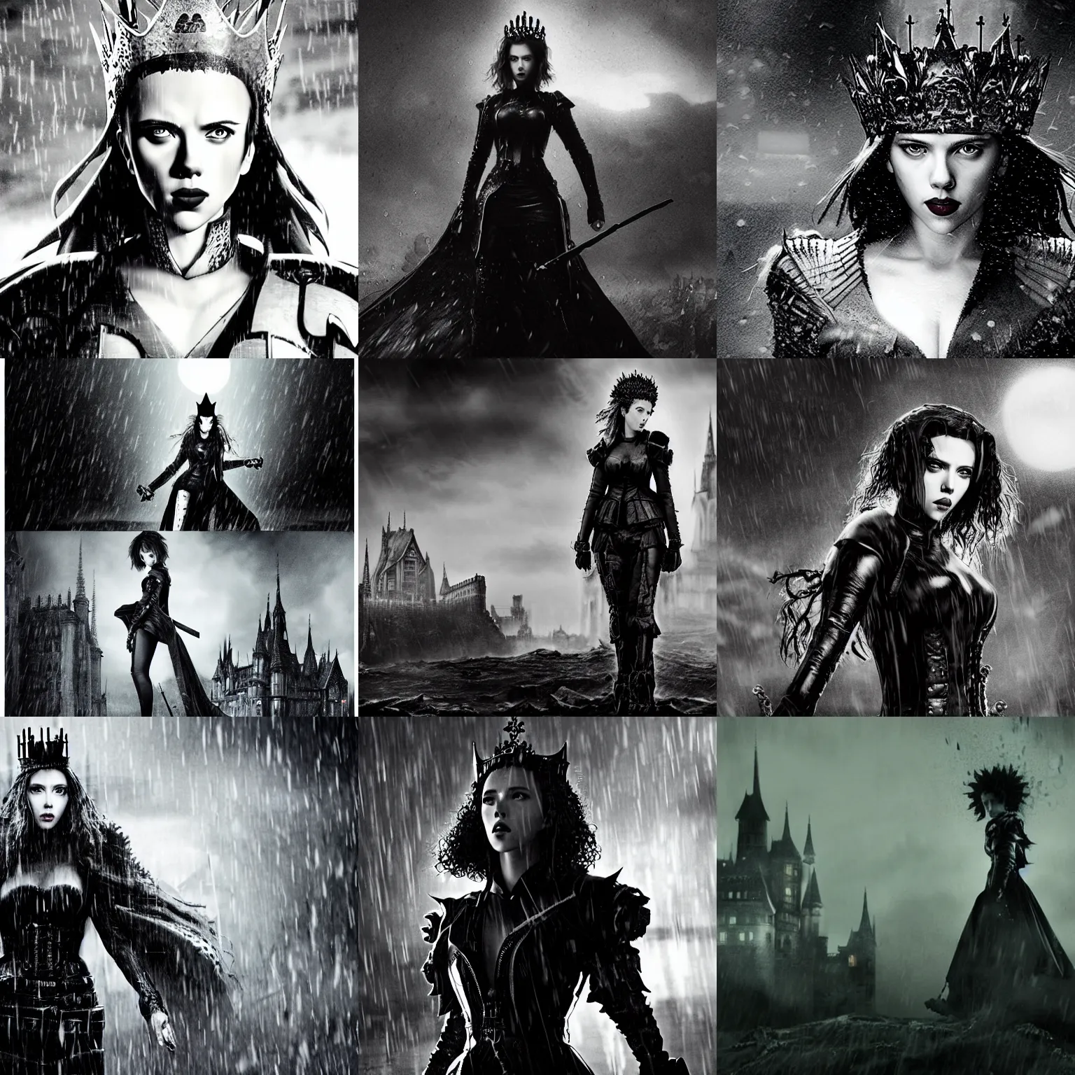 Prompt: black and white, scarlett johansson as a vampire, wearing rain soaked armour in the pouring rain, wear a crown, afro samurai manga style, pencil and ink, full body walking towards camera pose, huge gothic castle covers the entire background, at night with dramatic moonlight, cinematic effects vfx, dynamic angle