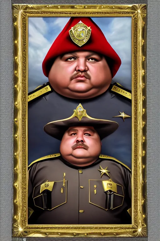 Image similar to high fantasy elf mall cop with a sheriff's badge that is fat, shifty, and incompetent, portrait from the chest up by Carvagio, Oil Painting, hyper realistic,, 8k UHD scan