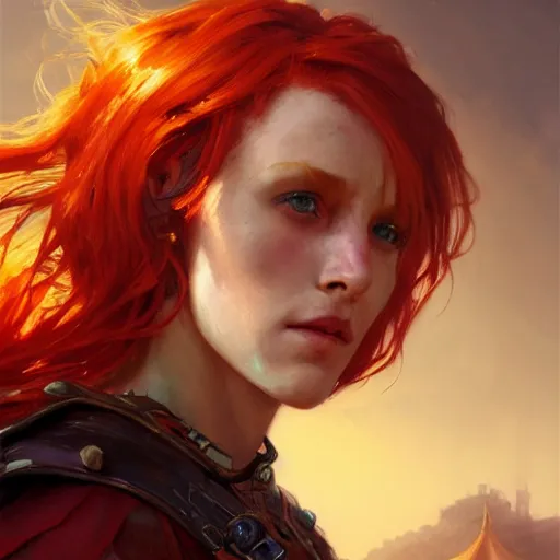 Image similar to closeup portrait of an artificer, dungeons and dragons character, dramatic lighting, female warrior, red hair, ginger hair, castle background, gorgeous view, realistic, high detail, digital art, painted by greg rutkowski, painted by jeremy mann, painted by alphonse mucha, trending on artstation