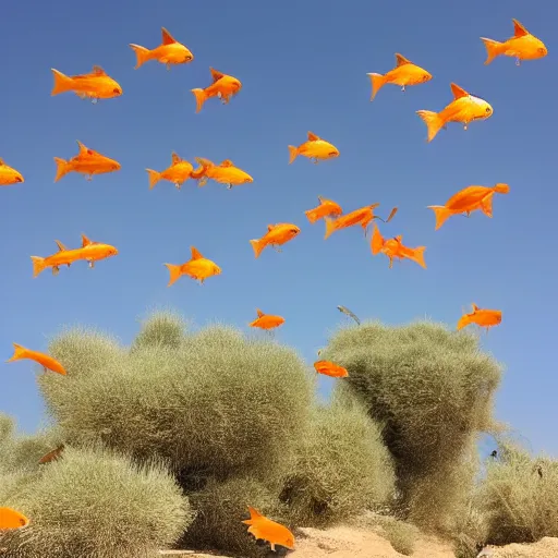 Image similar to oasis in the desert, many goldfish fly in the sky