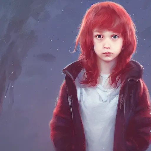 Image similar to a cute tiny girl with short red hair wearing a hoodie, digital art, very beautiful face, pretty face, very detailed eyes, full body illustration, 8 k resolution, soft painting, by greg rutkowski, wlop, rossdraws,