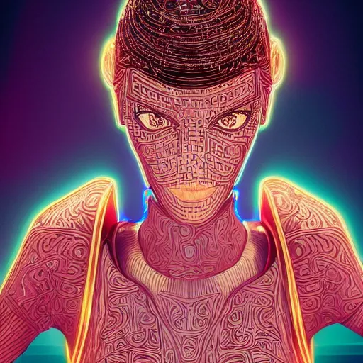 Image similar to the portrait of an elegant, sophisticated, fashionable robotess idol, an ultrafine illustration of young half arab zendaya mix by kim jisu, intricate linework, neon wiring, fashion, porcelain skin, unreal engine 5 highly rendered, global illumination, radiant light, detailed and intricate environment, by rutkowski, artgerm, marvel comics