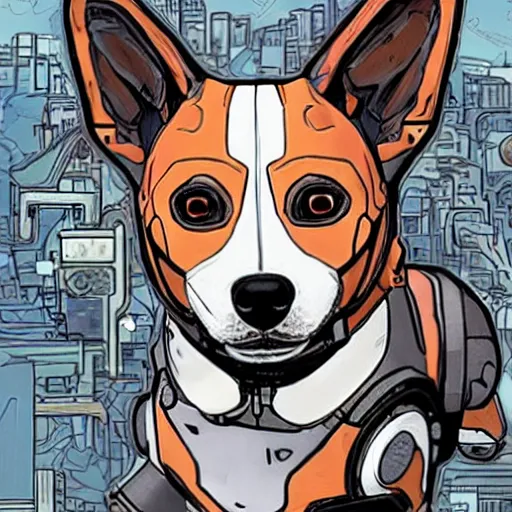 Image similar to cyborg corgi with one robotic eye that looks like it is from Borderlands and by Feng Zhu and Loish and Laurie Greasley, Victo Ngai, Andreas Rocha, John Harris