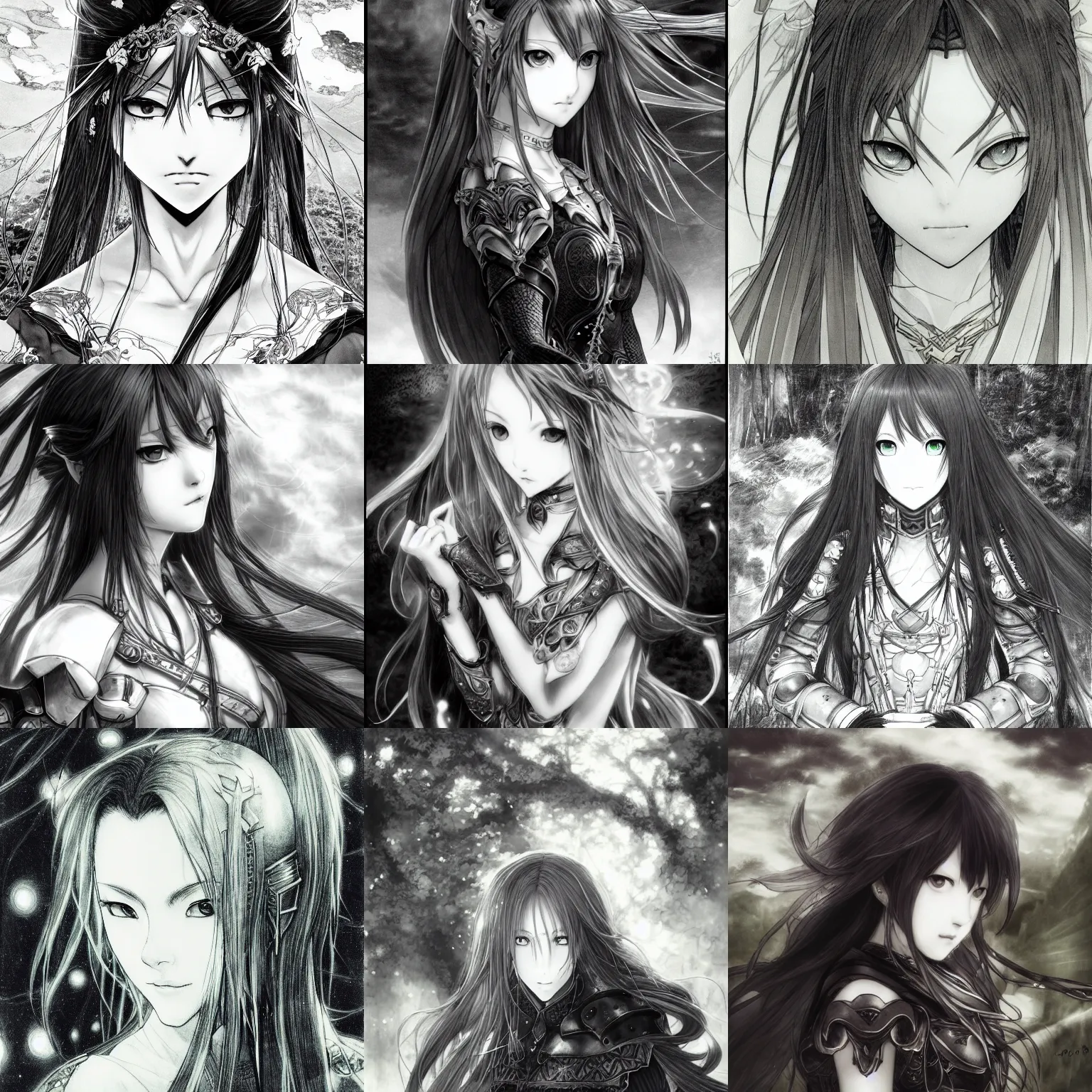Prompt: a portrait of a character in a scenic environment by Yoshitaka Amano, black and white, dreamy, dark eyes, clean long hair, a gem on her forehead, wearing armor, highly detailed