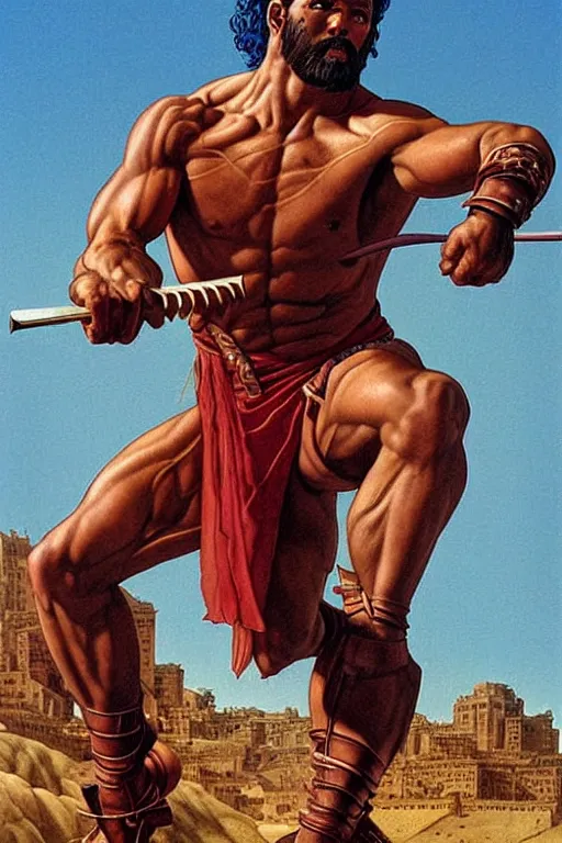 Image similar to Gladiator, muscular, detailed face, correct face, painting by Moebius