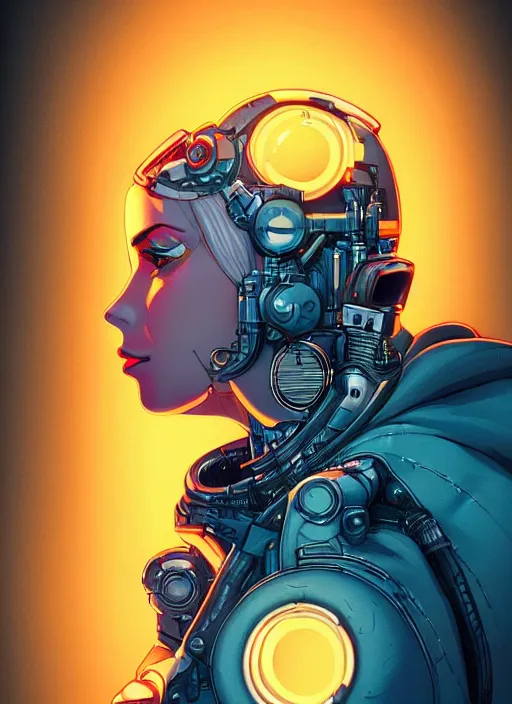 Prompt: portrait of a cyborg humanoid girl with mechanical and electronic element, denim jacket surrounded by neon light, illustrated by Artgerm and Michael Whelan and Laurie Greasley, highly detailed, trending on artstation