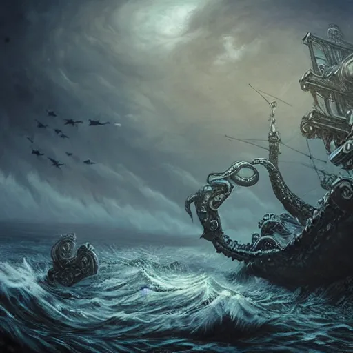 Image similar to kraken breaking a pirate ship, lovecraftian, horror, dark, scary, fantasy