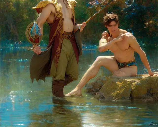 Image similar to attractive male wizard casting water spell in a beautiful lake. highly detailed painting by gaston bussiere, craig mullins, j. c. leyendecker 8 k