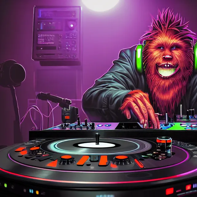 Prompt: a photograph portrait of an anthropomorphic cyberpunk bigfoot dj at the turntables spinning records, detailed render, tape deck, boombox, headphones, epic composition, cybernetics, 4 k realistic, cryengine, realistic shaded lighting, sharp focus, masterpiece, by matteo scalera, gary montalbano, peter elson in the style of the tokyo ghost comic