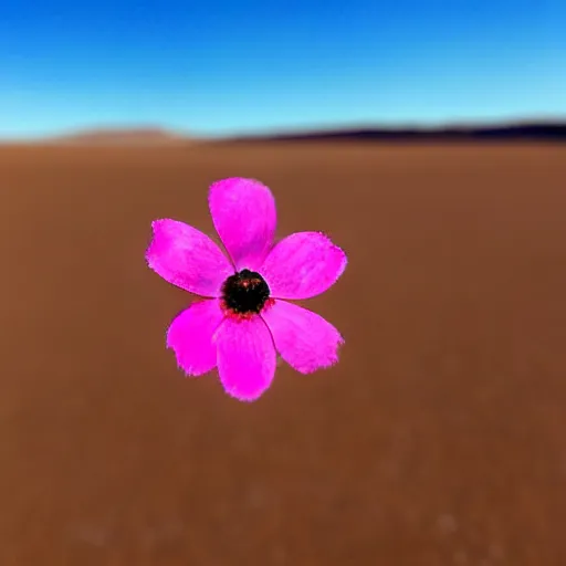 Prompt: a single small pretty desert flower blooms in the middle of a bleak arid empty desert, next to a topaz gem on the ground, background sand dunes, clear sky, low angle, dramatic, cinematic, tranquil, alive, life.