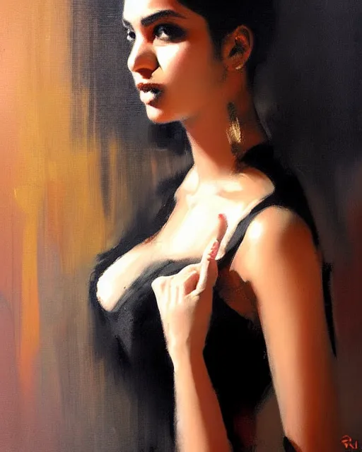 Image similar to beautiful portrait painting an gorgeous delhi girl wearing a little black dress at a nightclub, red lighting, oil painting, art by ruan jia