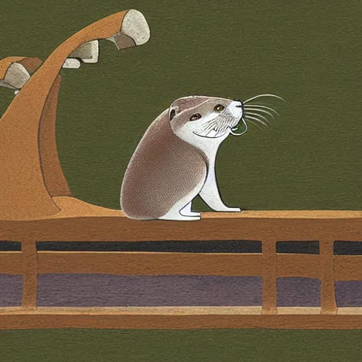 Prompt: storybook illustration of an otter riding a bicycle over a bridge