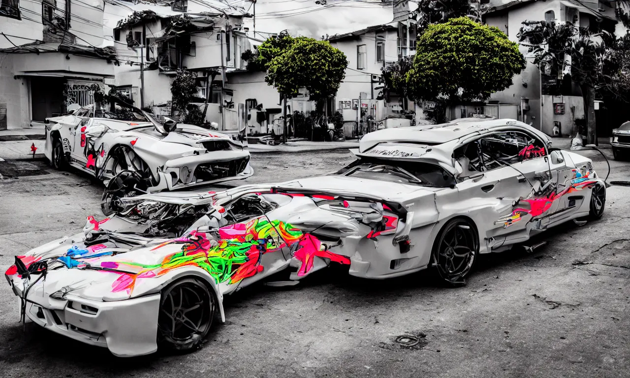 Image similar to fujifilm 8 k 1 4 0 mm photograph of nge street racer car parked in sunny santa cruz neighborhood, leica 8 k photograph of minimalist 9 0's need for speed street racer car made out of neon genesis evangelion angel metal parts