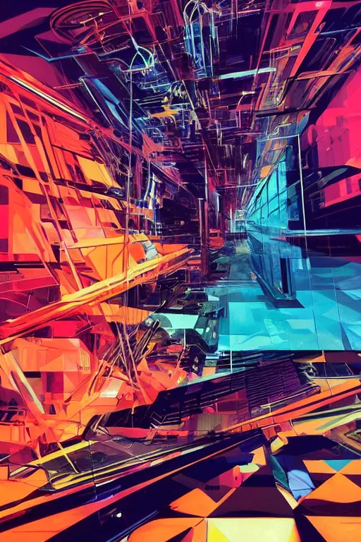 Image similar to wideangle broken tensor fields, cybernetic, holographic, madness, decoherence, synthwave, glitch!!, fractured reality, vortex, realistic, hyperdetailed, concept art, art by syd mead, cubism