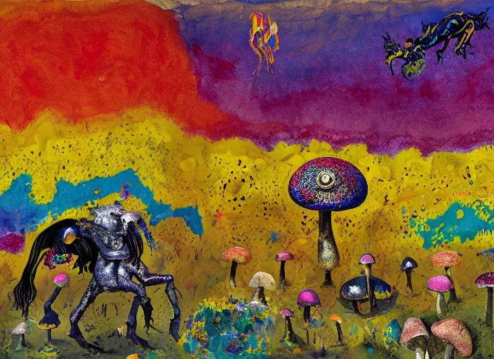 Image similar to expressionistic decollage painting golden armor alien zombie horseman riding on a crystal bone dragon broken rainbow diamond maggot horse in a blossoming meadow full of colorful mushrooms and golden foil toad blobs in a golden sunset, distant forest horizon, painted by Mark Rothko, Helen Frankenthaler, Danny Fox and Hilma af Klint, pixelated, semiabstract, color field painting, byzantine art, voxel art, pop art look, naive, outsider art. Barnett Newman painting, part by Philip Guston and Edward Robert Hughes art by Adrian Ghenie, 8k, extreme detail, intricate detail, masterpiece