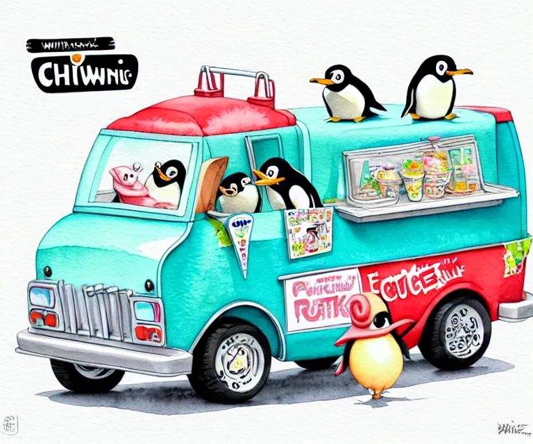 Image similar to cute and funny, penguin riding in a tiny ice cream truck with an oversized engine, ratfink style by ed roth, centered award winning watercolor pen illustration, isometric illustration by chihiro iwasaki, edited by range murata, tiny details by artgerm and watercolor girl, symmetrically isometrically centered, sharply focused