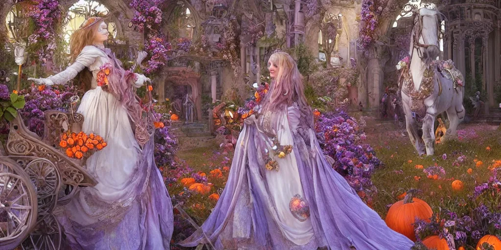 Prompt: fairytale princess with lovely detailed face entering the gates of her majestic palace of flowers , with horse driven , carriage made of pumpkins , epic scene unreal render depth of focus blur hyperrealistic detail Star Wars mucha Alice Tim burton fantasy art behance