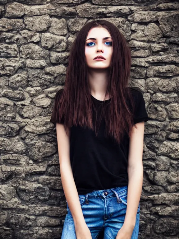 Image similar to hyperdetailed photo of a beautiful ukrainian girl with brown eyes and dark bob hairstyle, winds of winter, with plain jeans and t - shirt