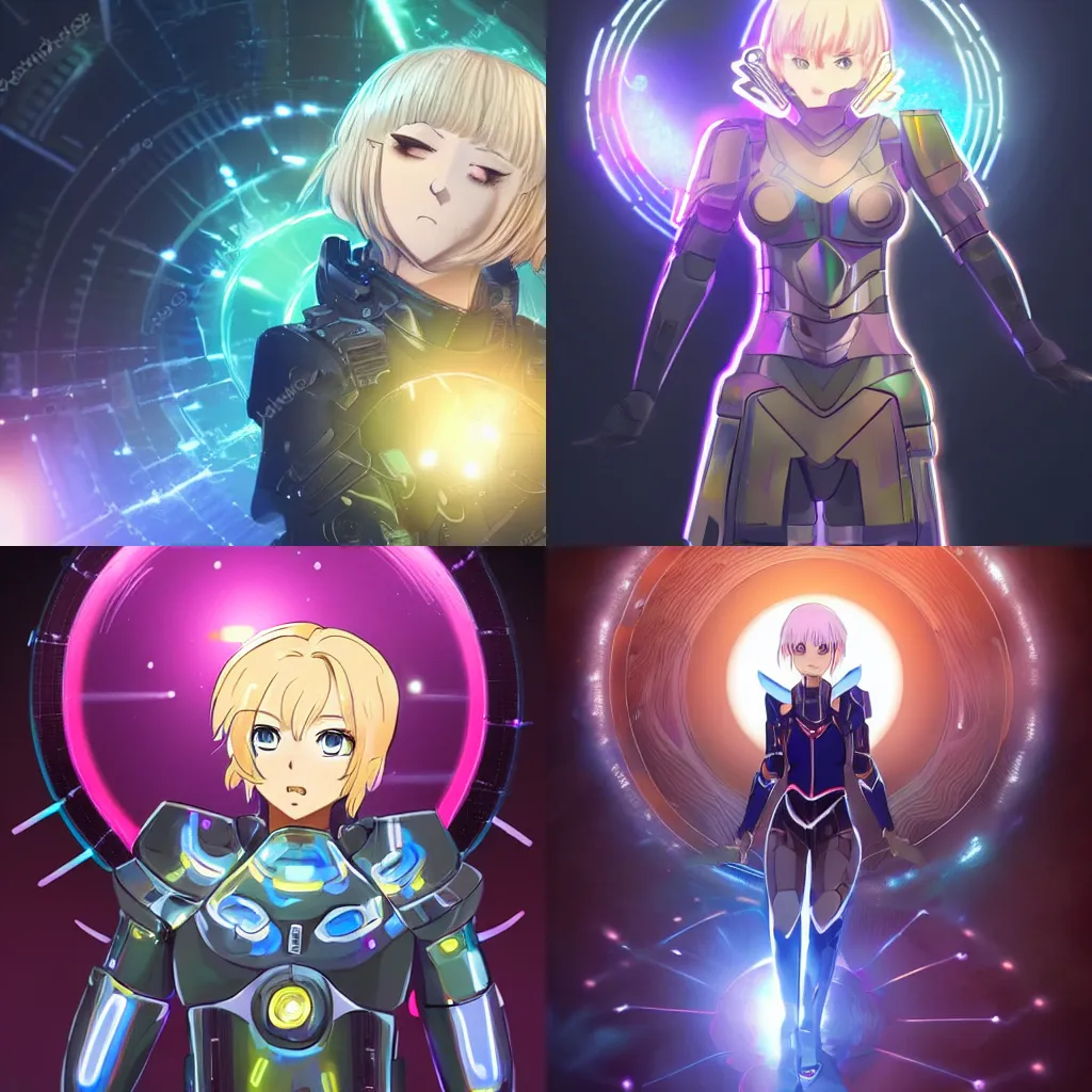 Prompt: a cute girl with short blonde hair, with intricately detailed shields of holographic light circling around her body, long shot, sci fi anime, dramatic lighting