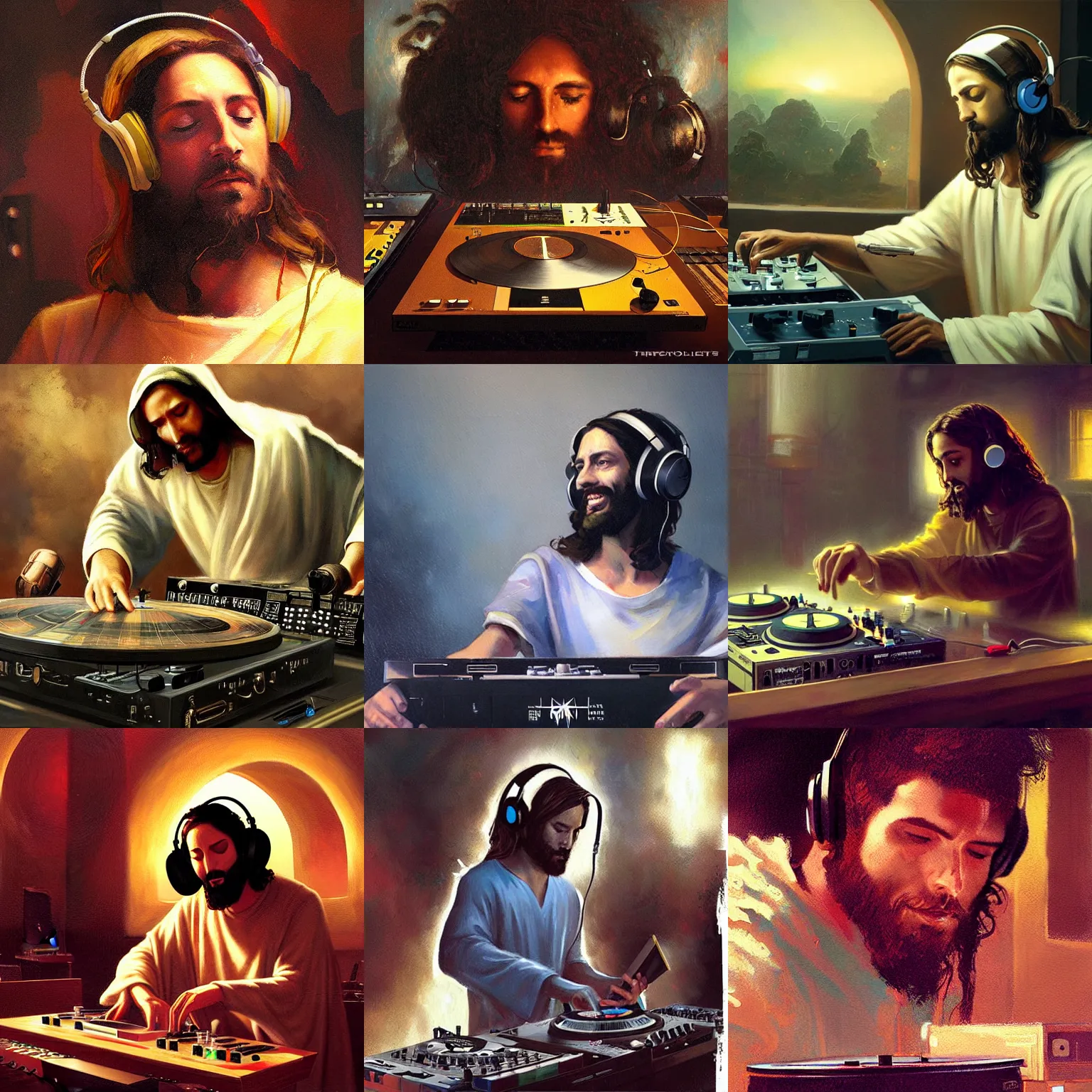 Prompt: a painting of jesus wearing headphones DJing with DJ turntables, craig mullins, greg rutkowski