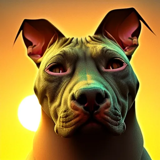 Image similar to Hybrid of a Pitbull and a sphinx cat, beautiful, golden hour, sharp focus, ultra detailed, cgsociety
