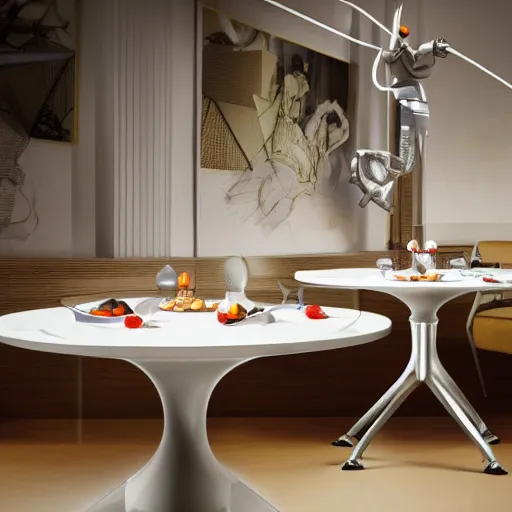 Prompt: three large white glossy kuka industrial robot arms on the floor around a dinner table, the kuka industrial robot arms are wearing bow ties, the table is full of food, they are having dinner inside a fine dining restaurant with mid century modern furniture and decor, global illumination, artstation, fantasy