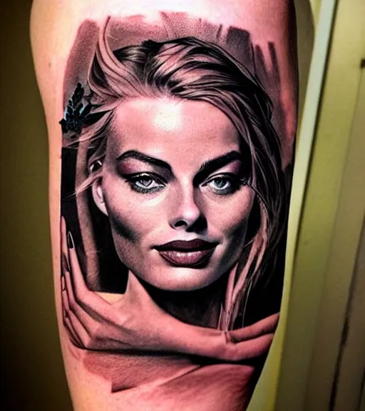 Prompt: mash up tattoo sketch of margot robbie with beautiful mountain scenery, in the style of arlo dicristina, surrealist, amazing detail, sharp