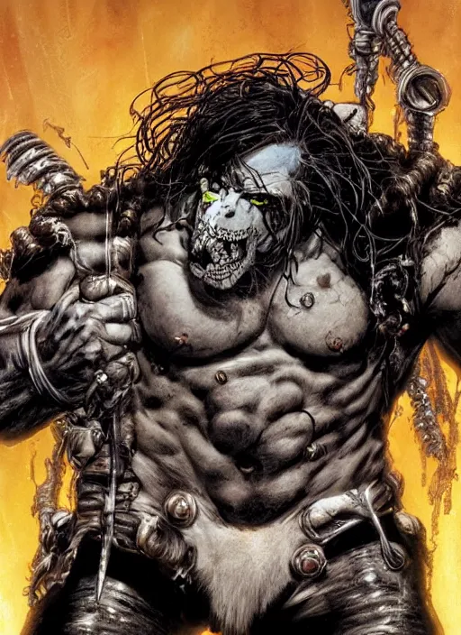 Image similar to first issue of lobo comic book cover art by simon bisley and ariel olivetti, au naturel, hyper detailed, digital art, trending in artstation, cinematic lighting, studio quality, smooth render, unreal engine 5 rendered, octane rendered, art style by klimt and nixeu and ian sprigger and wlop and krenz cushart