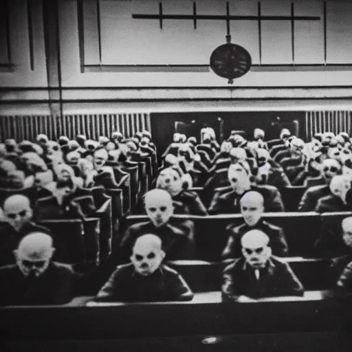 Image similar to The minions at the Nuremberg trials, monochrome, very low contrast, noise